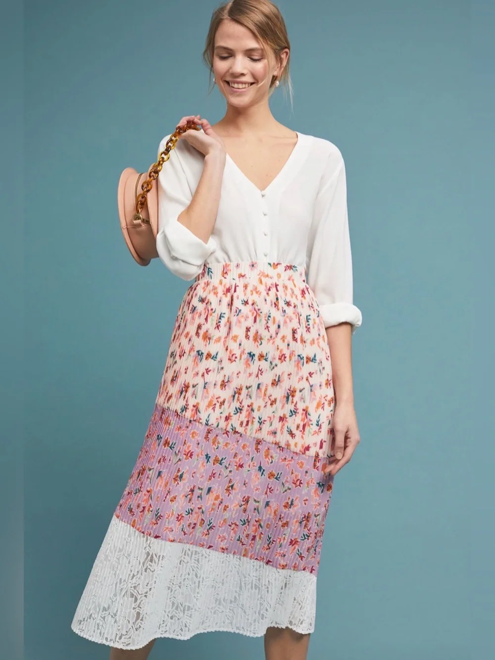 Anthropologie LAIA Pleated Floral Midi Skirt Lace Lined Boho Cottagecore $150 M